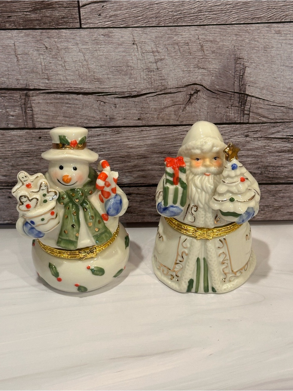 Set of 2 Christmas Porcelain Hinged Trinket Boxes Santa Claus Snowman